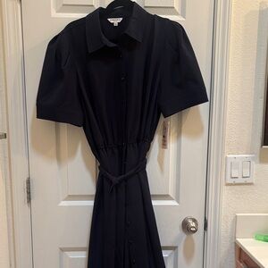 Nanette Lepore Navy Button-Front Midi Dress with Tie Waist